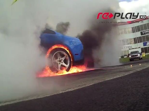 Video: Mustang Burnout Ends With Burning Tire